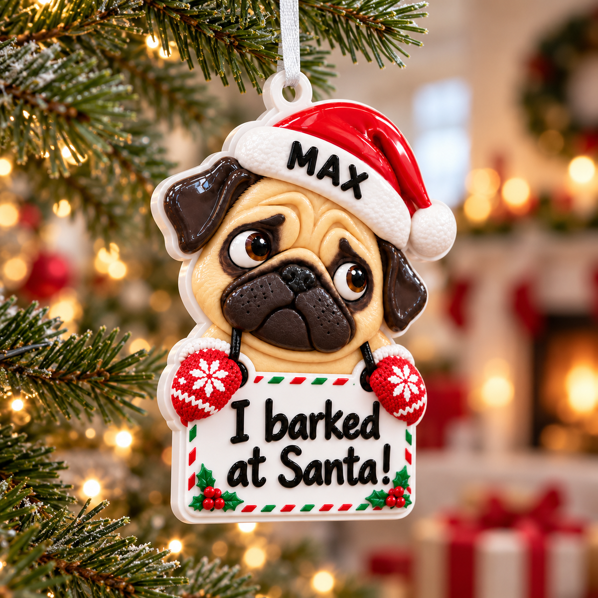 Christmas Pug Dog with Santa Hat and Confession Sign Hanging Holiday Keepsake - 3D Relief Ornament
