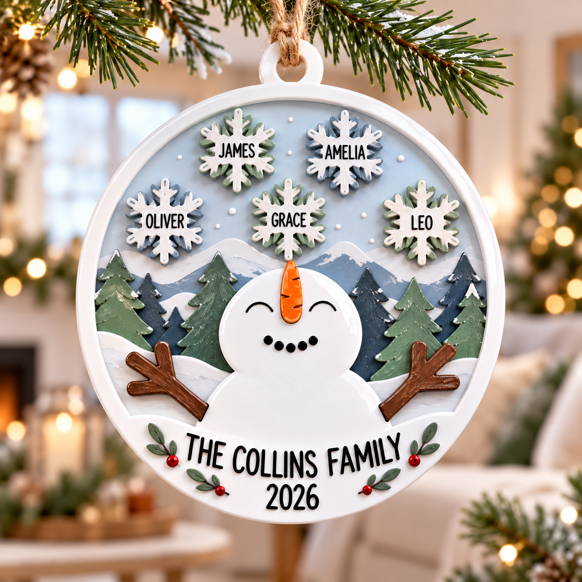 Snowman Family Winter Snowflakes Christmas Tree Hanging Decor, Round Pine Forest Scene - 3D Relief Ornament