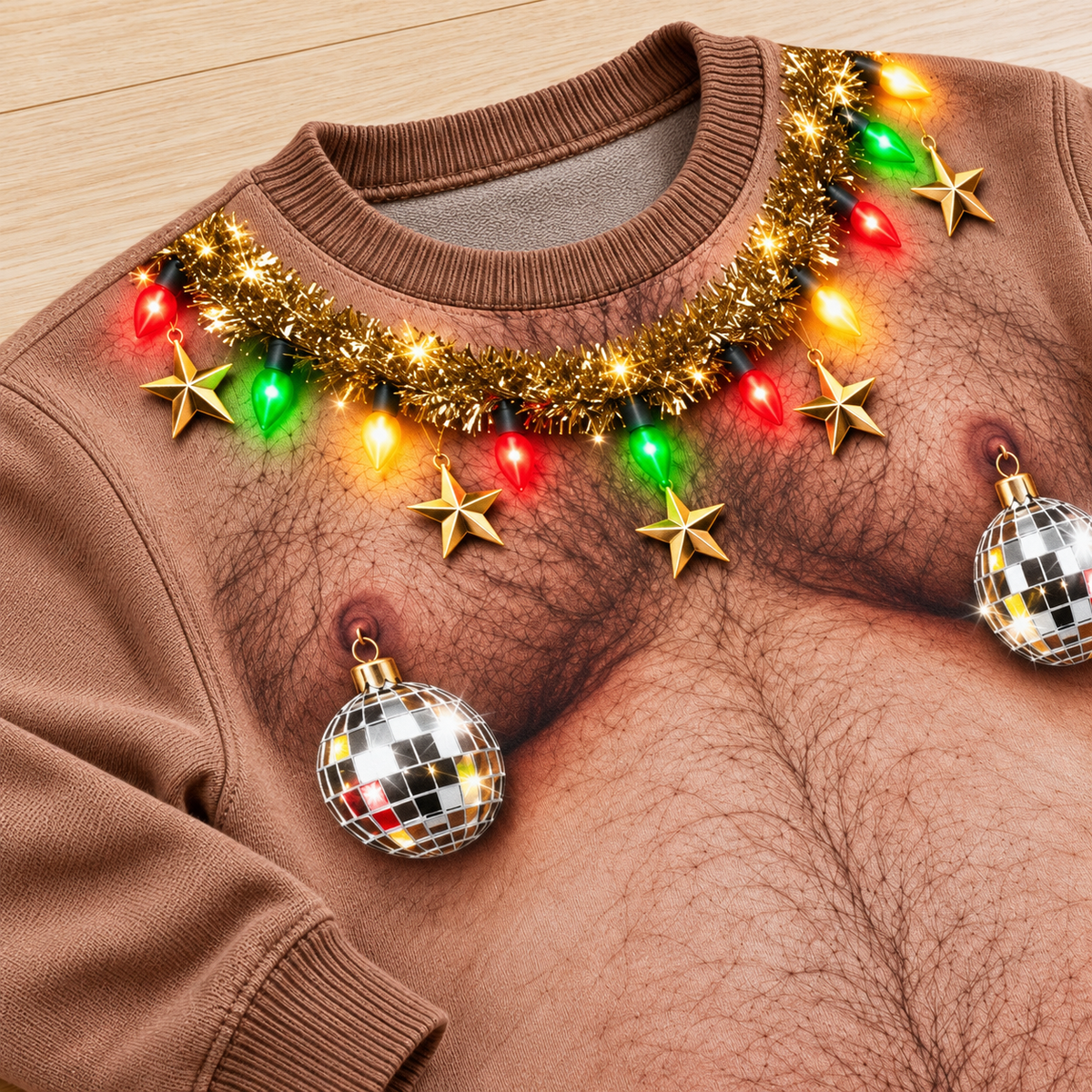 Hairy Chest Christmas Sweatshirt Funny Holiday Garland Tan Pullover