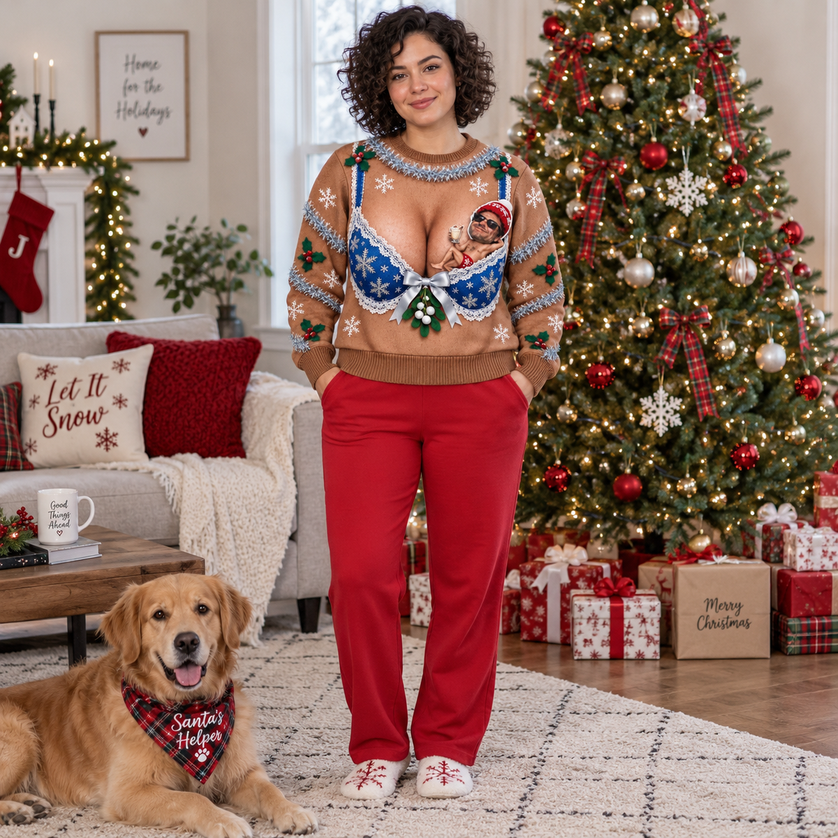 Funny Christmas Sweatshirt, Brown Novelty Plaid Bra Graphic Crewneck