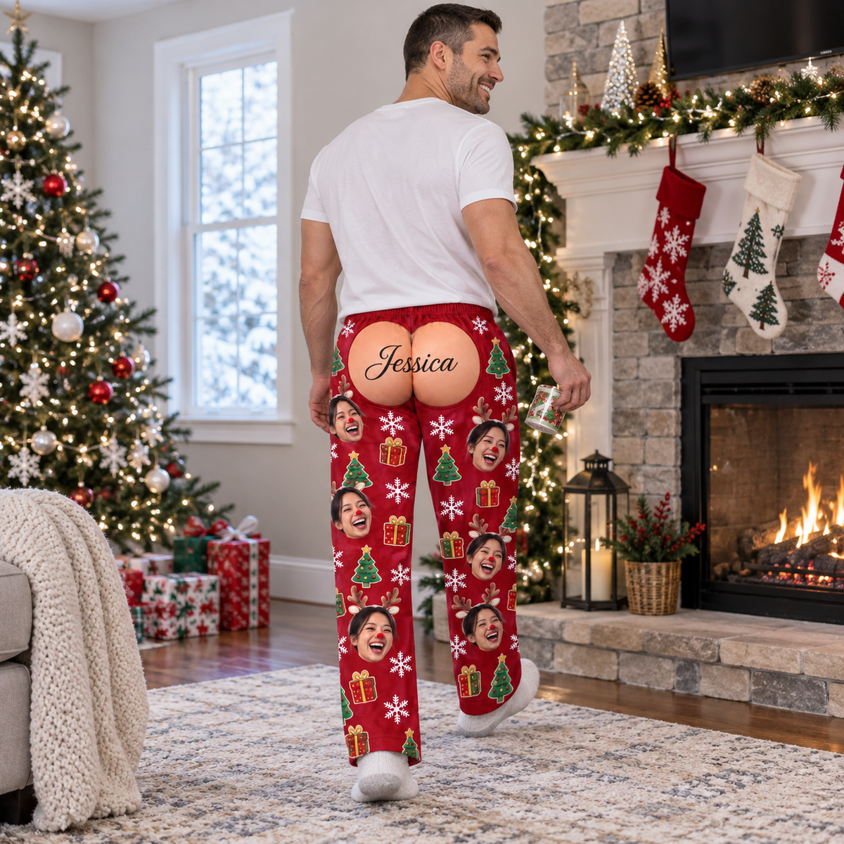 Mens Christmas Pajama Pants Red Holiday Graphic Print Lounge Bottoms