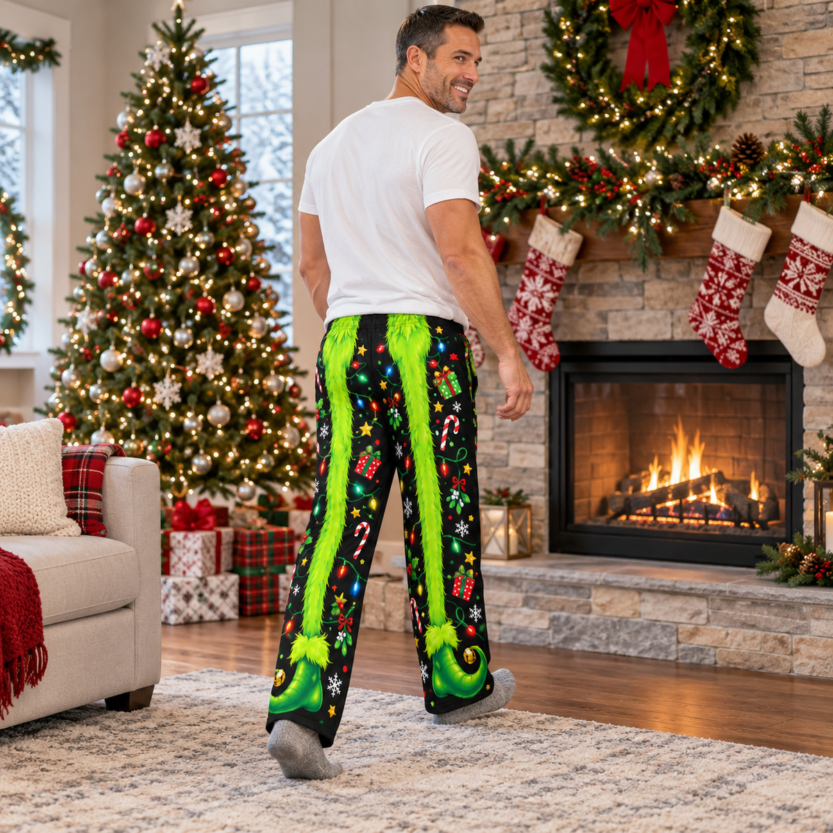 Mens Christmas Pajama Pants Novelty Printed Holiday Loungewear
