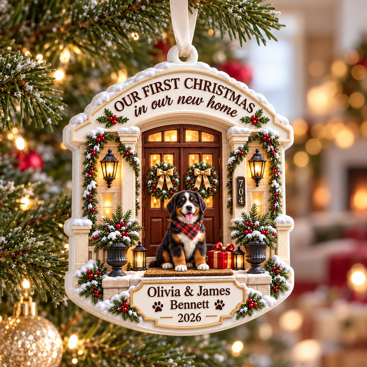 First Christmas New Home Front Porch Bernese Mountain Dog Hanging Keepsake - 3D Relief Ornament
