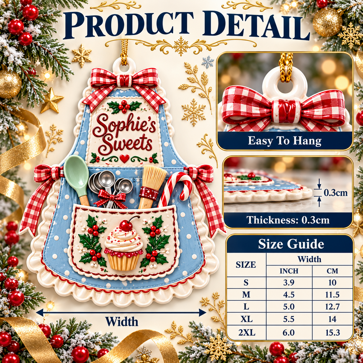 Baking Apron Holiday Tree Pendant with Cupcake and Utensils - 3D Relief Ornament