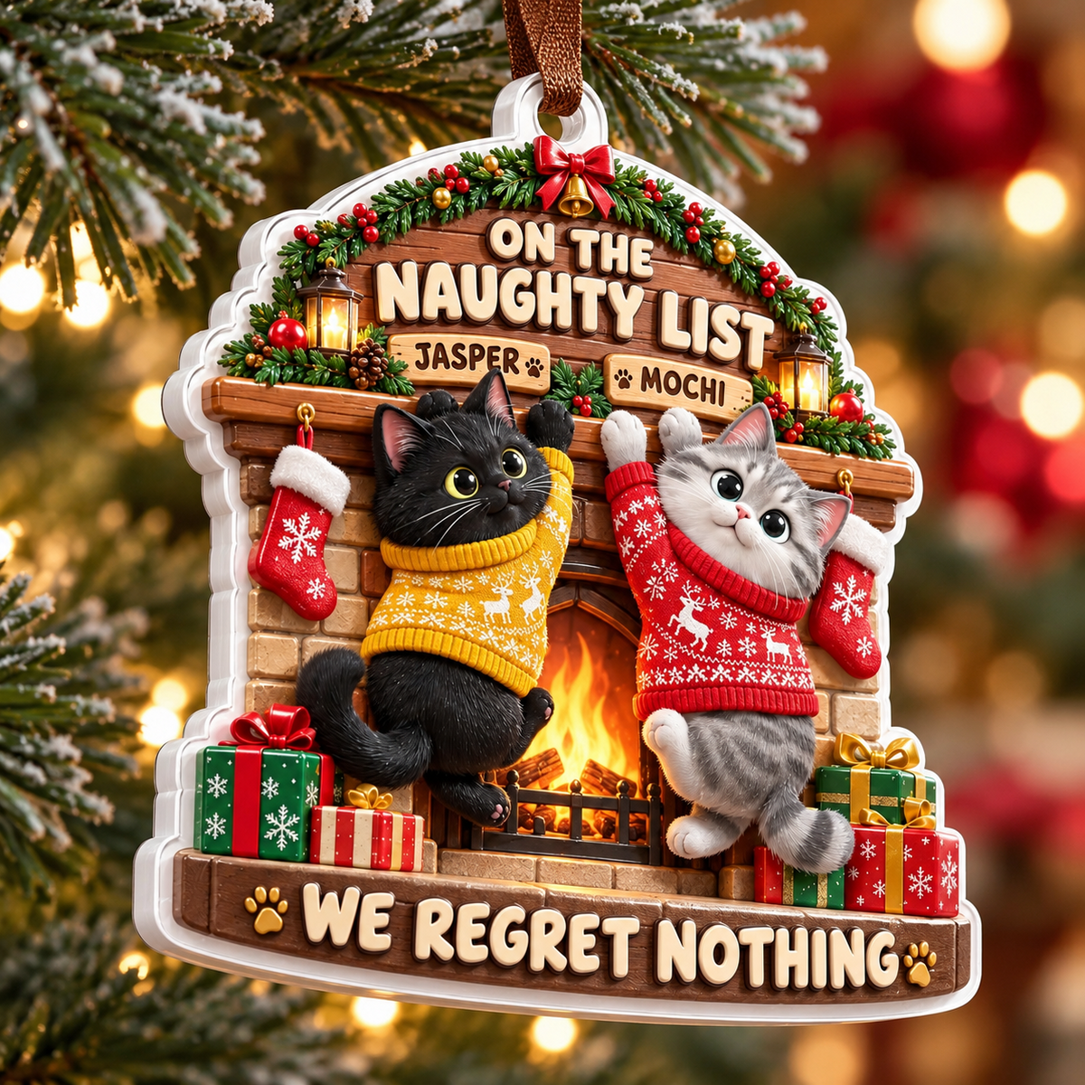 Naughty Cats at Fireplace Mantel Christmas Tree Hanging Decor - 3D Relief Ornament