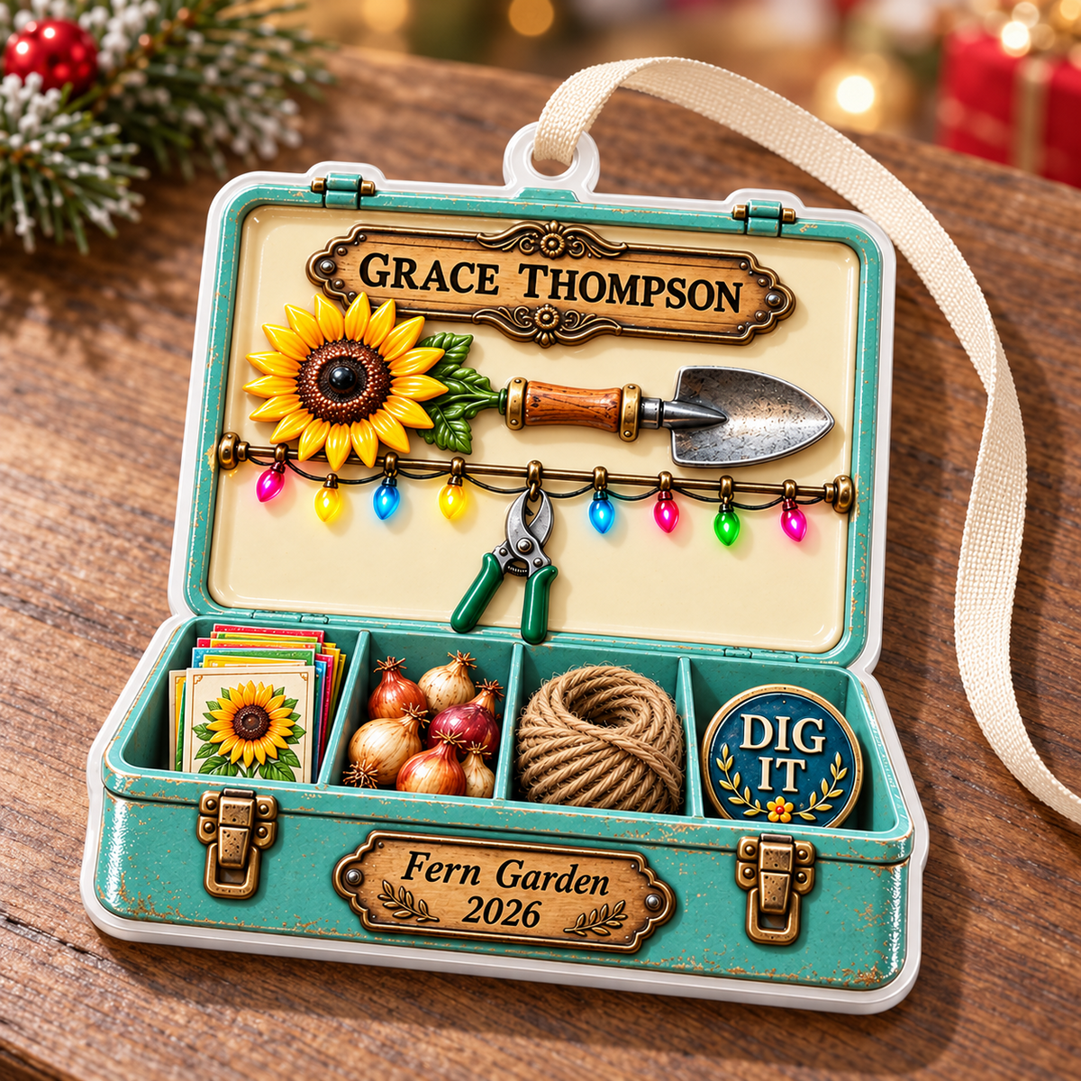 Gardening Toolbox with Seeds Trowel and Sunflower - 3D Relief Ornament