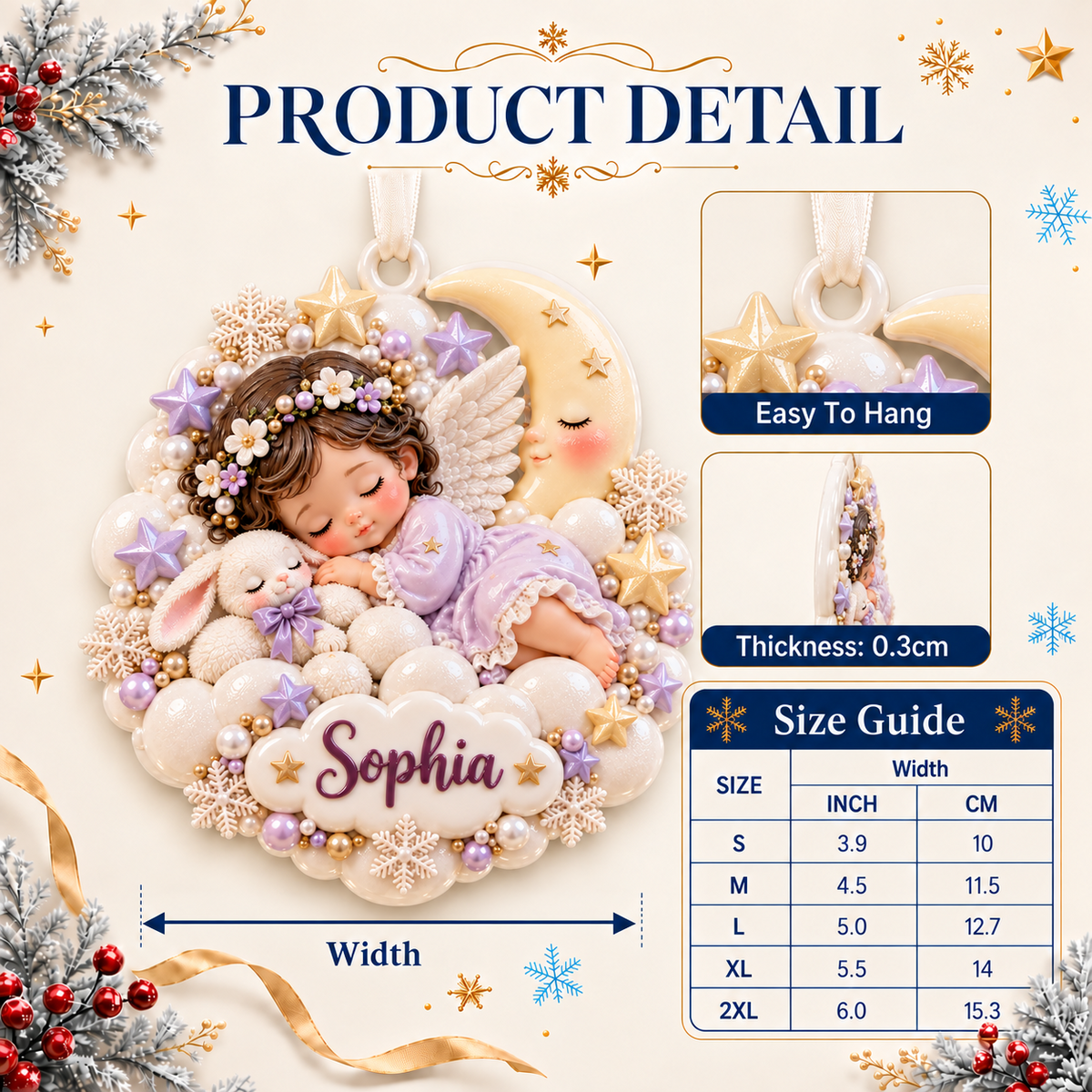 Sleeping Baby Angel with Bunny and Crescent Moon Holiday Keepsake - 3D Relief Ornament