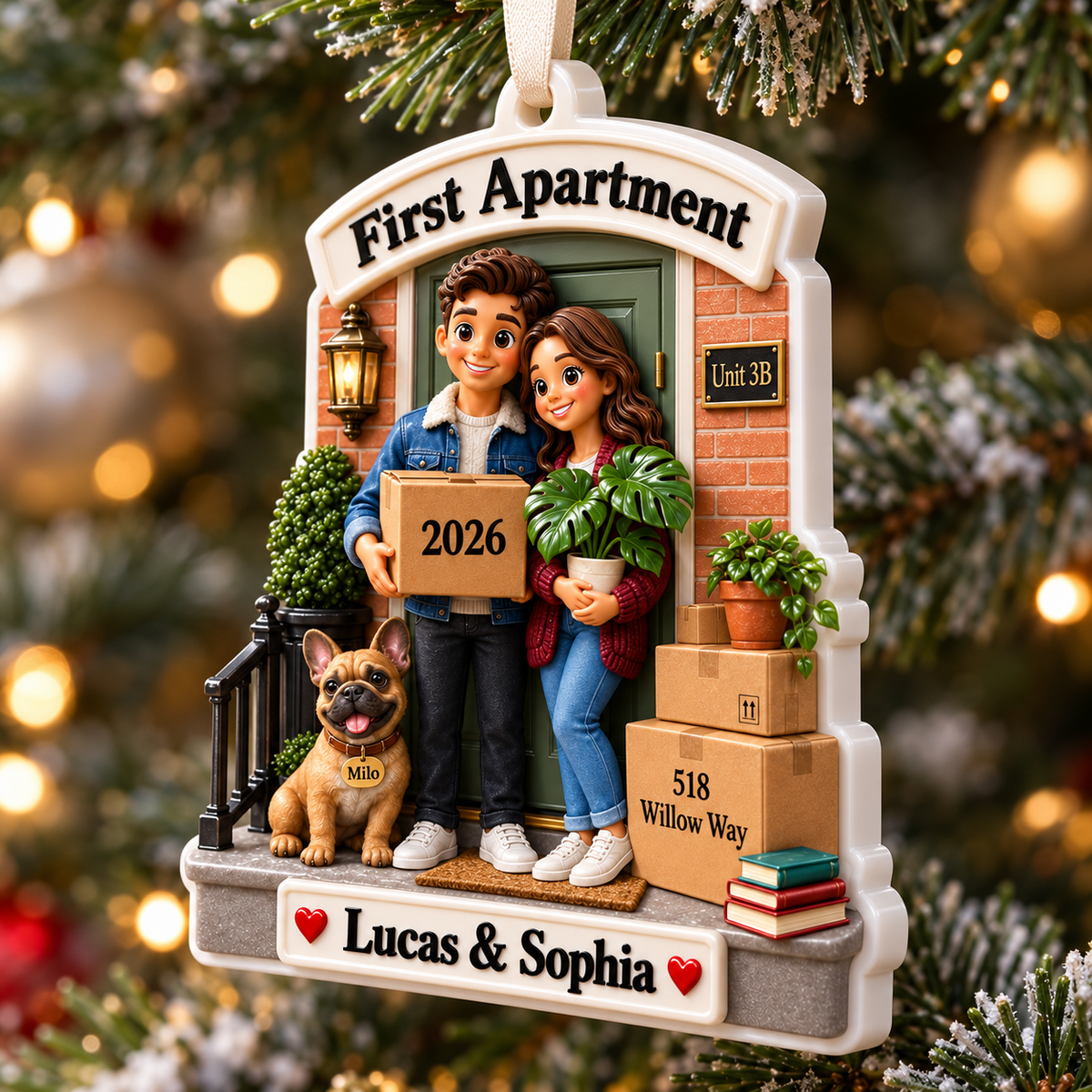 First Apartment Moving Couple with French Bulldog Front Porch Holiday Keepsake - 3D Relief Ornament