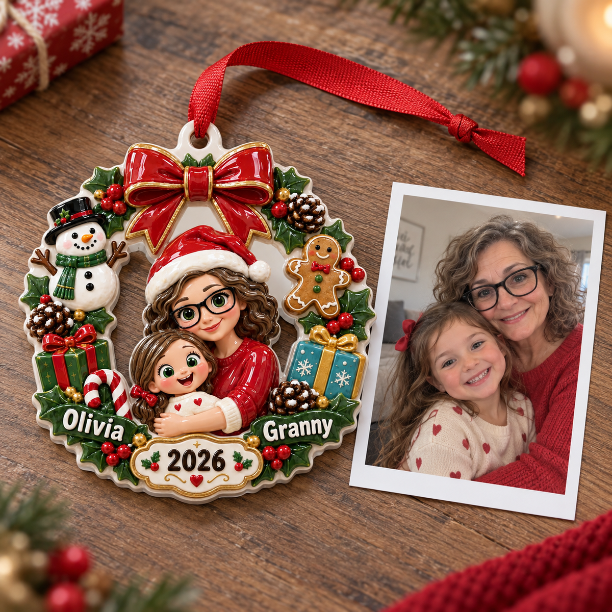 Grandmother and Granddaughter Christmas Wreath Holiday Keepsake - 3D Relief Ornament