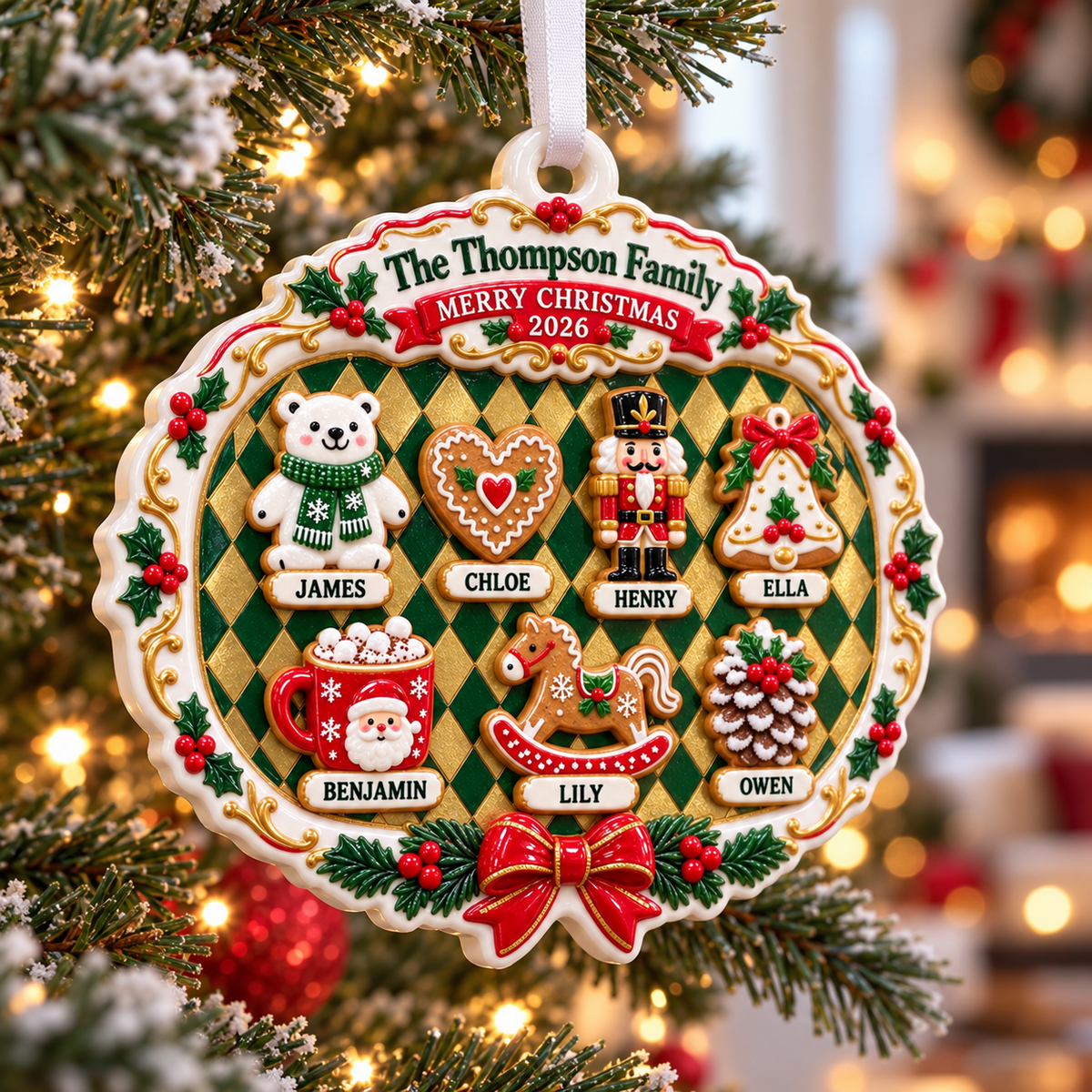 Family Christmas Plaque with Holiday Gingerbread Characters - 3D Relief Ornament