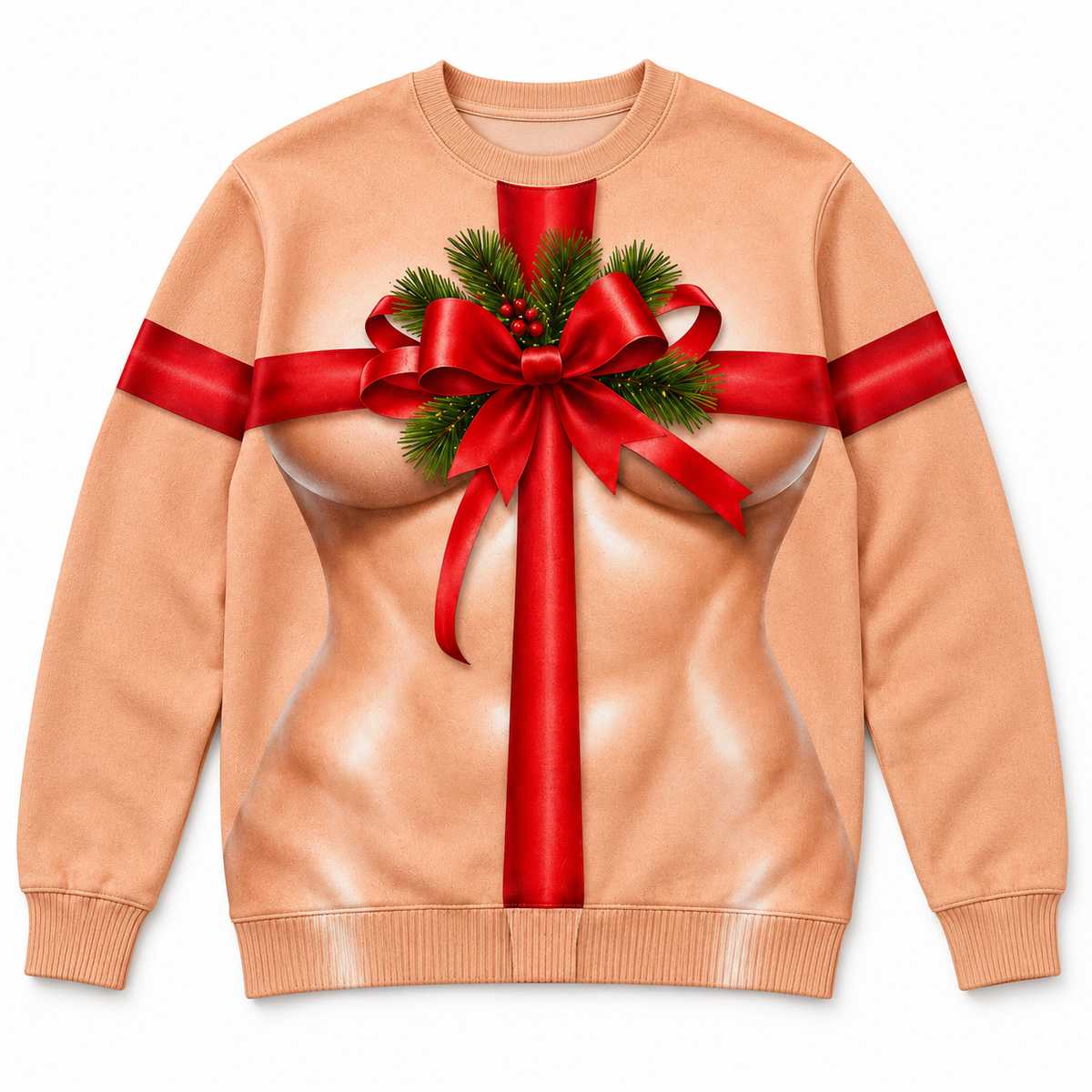 Funny Christmas Sweatshirt, Ribbon Bow Graphic Crewneck Pullover
