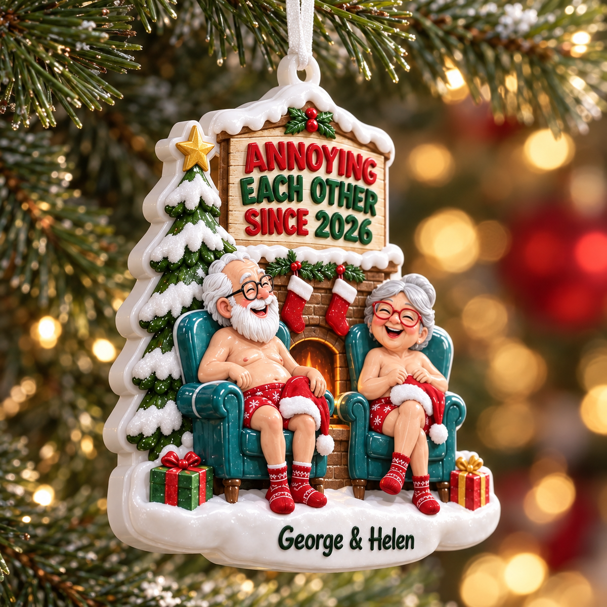 Christmas Couple Fireplace Holiday Tree Hanging Keepsake Decor - 3D Relief Ornament