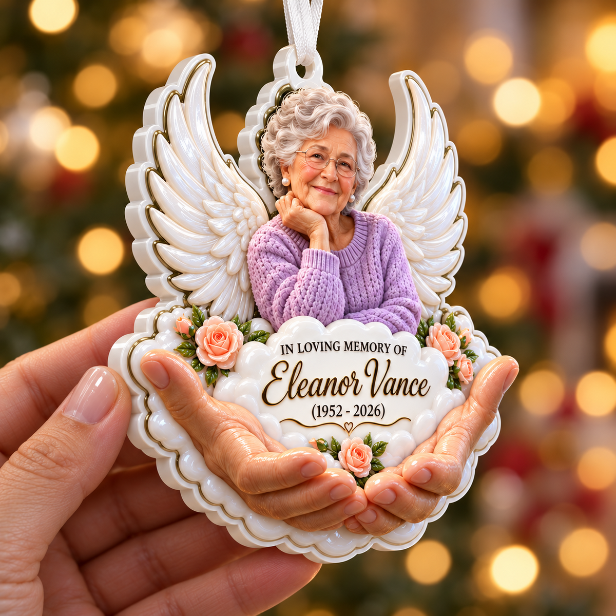 Memorial Angel Wings and Holding Hands Remembrance Keepsake - 3D Relief Ornament