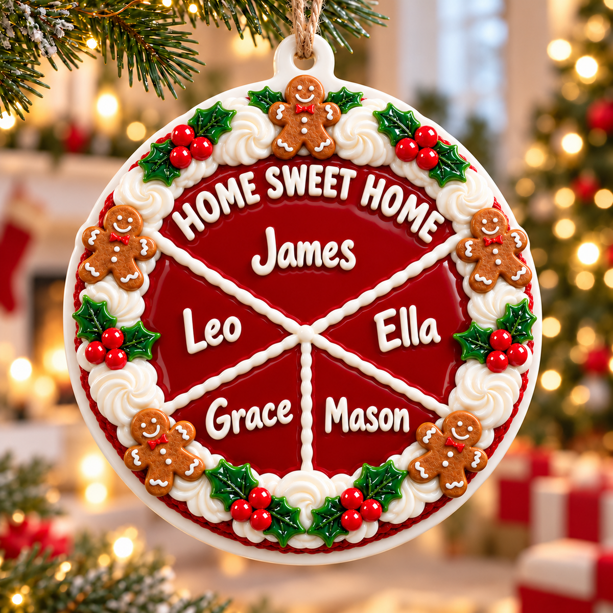 Round White Ceramic Holiday Bauble with Red Ribbon for Christmas Tree Decor - 3D Relief Ornament