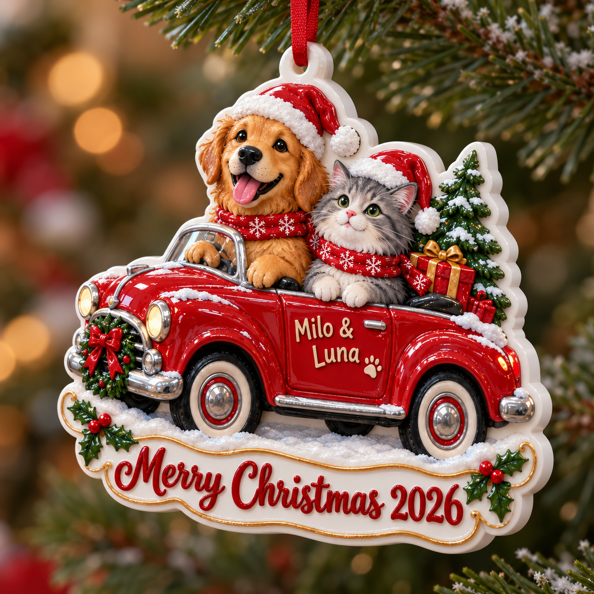 Dog and Cat in Vintage Red Car Holiday Keepsake - 3D Relief Ornament