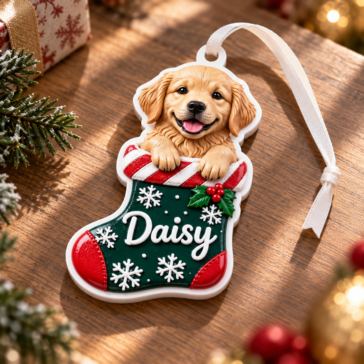 Golden Retriever Puppy in Christmas Stocking Holiday Tree Hanging Decor - 3D Relief Ornament