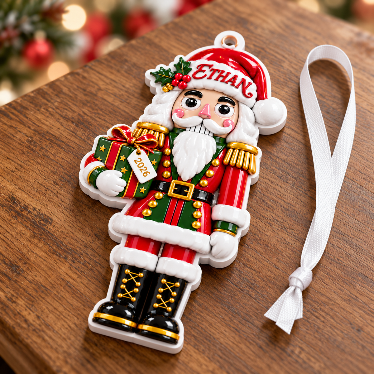 Nutcracker Soldier Holding Gift Box Acrylic Hanging Holiday Decor - 3D Relief Ornament