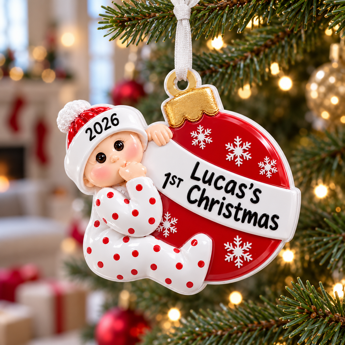 Baby First Christmas Bauble Red and White Polyresin Hanging Keepsake - 3D Relief Ornament