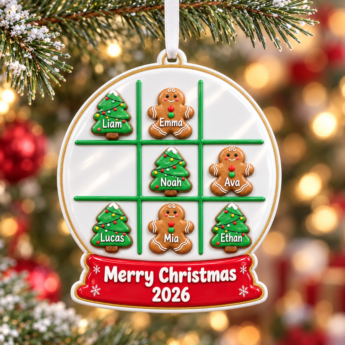Christmas Tree and Gingerbread Man Tic Tac Toe Snow Globe Hanging Decor - 3D Relief Ornament