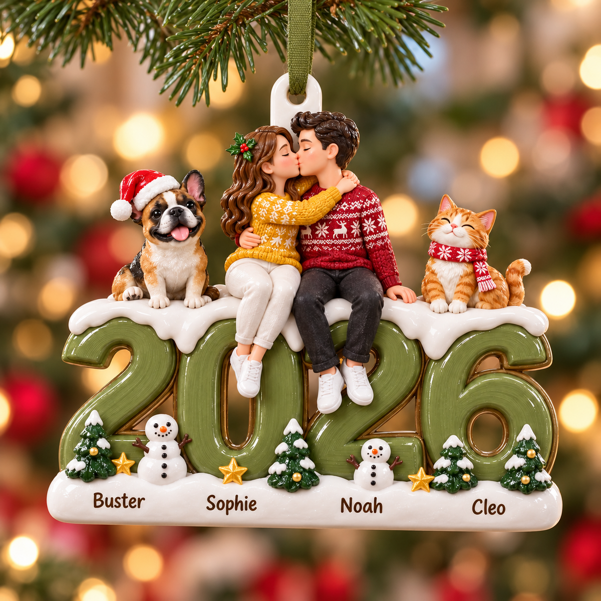 Couple with Dog and Cat on 2026 Date Resin Holiday Tree Decor - 3D Relief Ornament