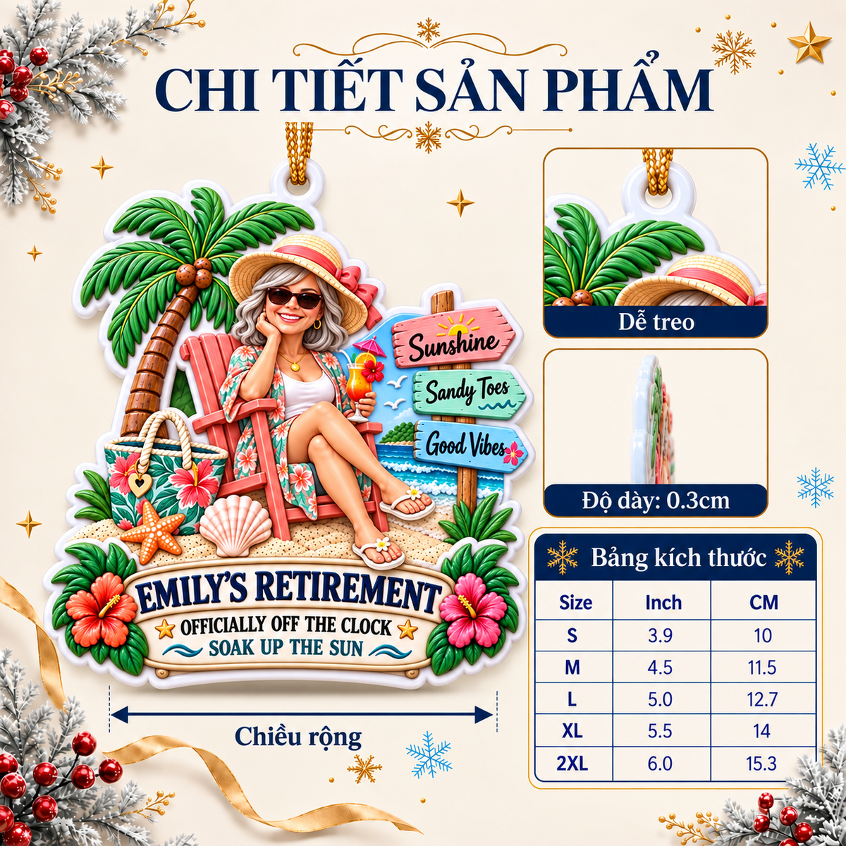 Beach Vacation Retirement Hanging Keepsake with Relaxing Woman and Palm Tree - 3D Relief Ornament