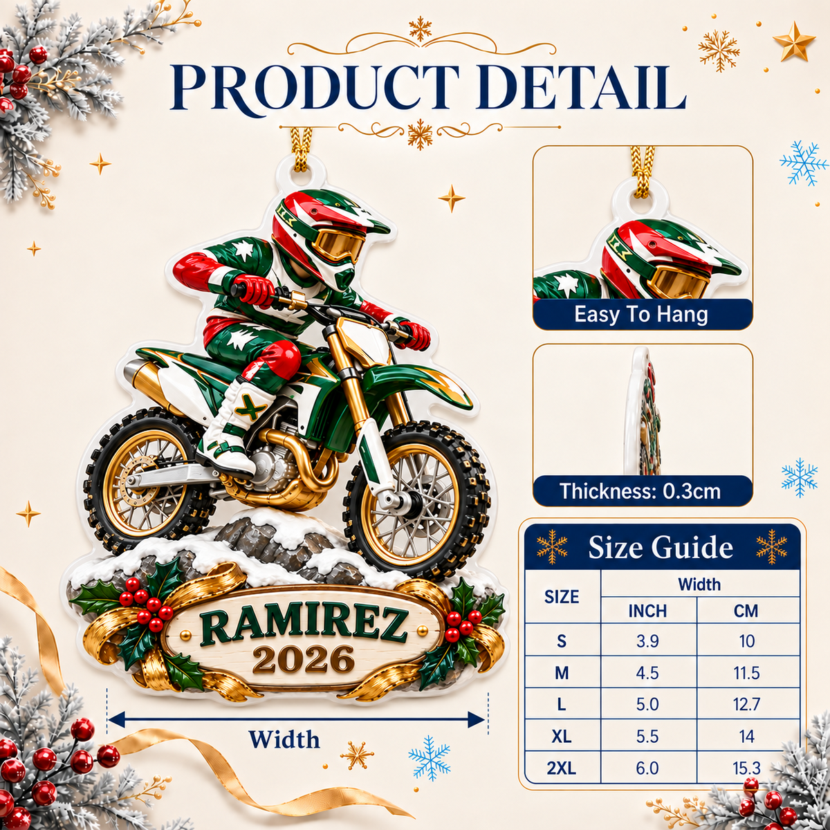 Motocross Dirt Bike Rider with Festive Banner and Holly - 3D Relief Ornament
