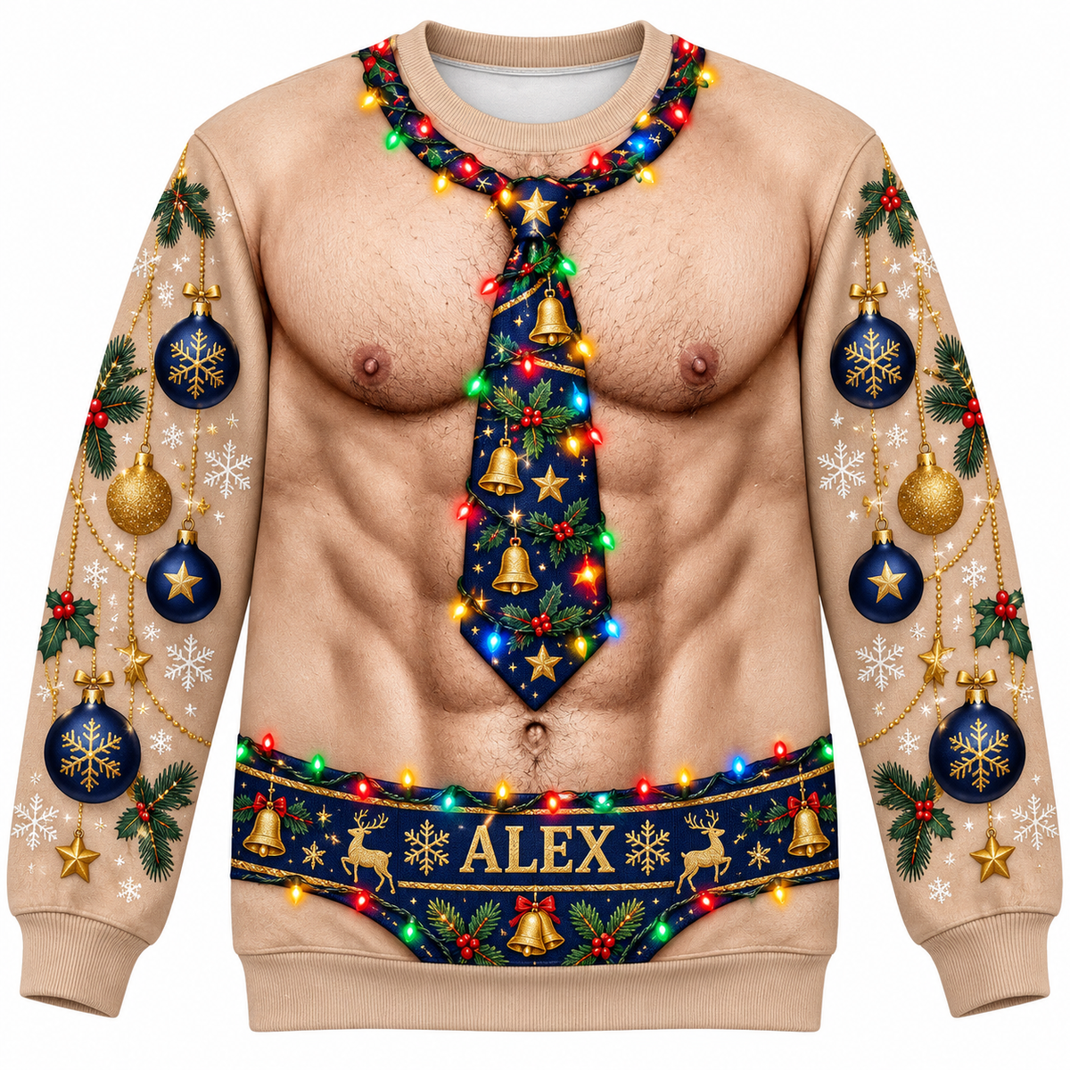 Funny Christmas Sweatshirt Faux Muscle Chest Holiday Tie Graphic