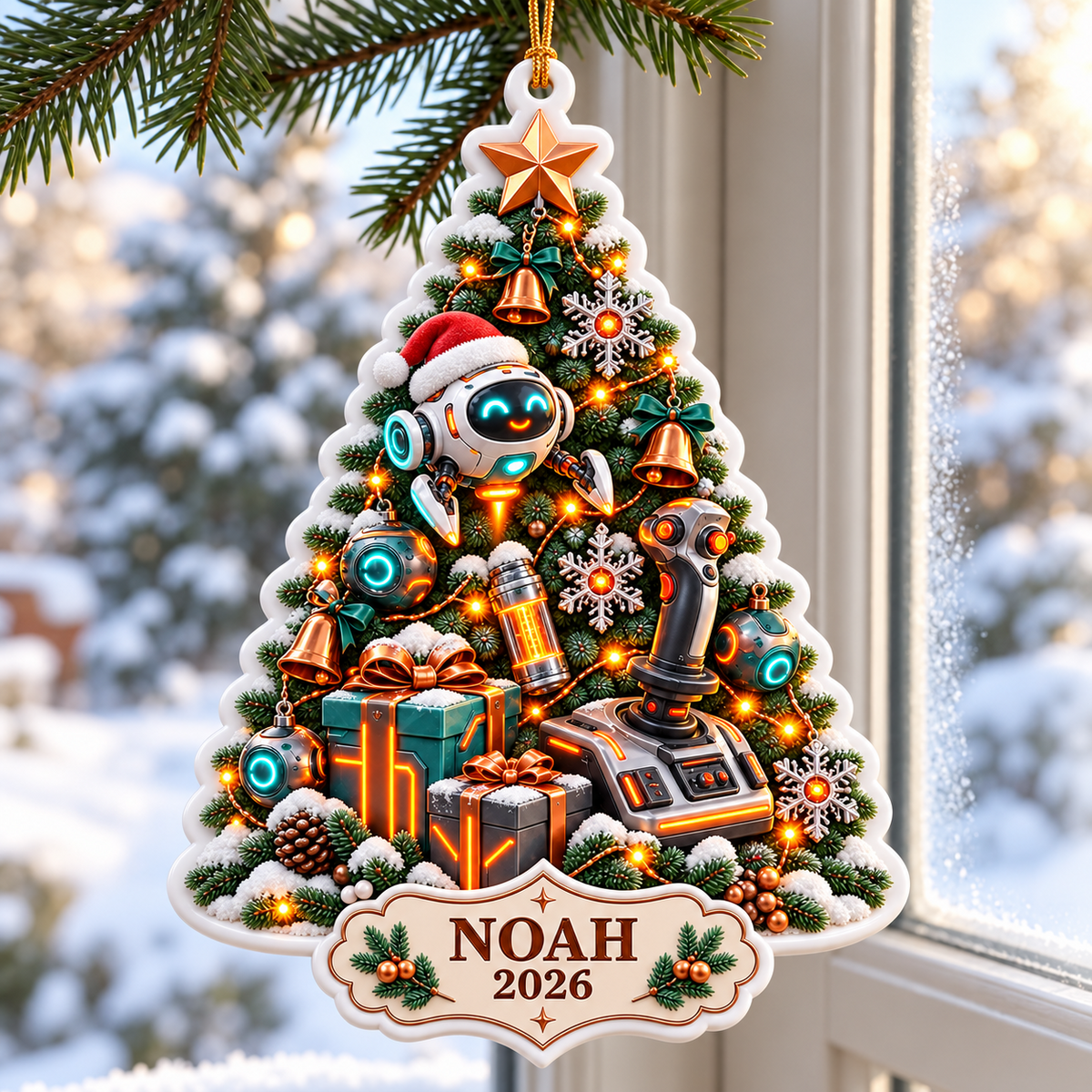 Gamer Christmas Tree Holiday Hanging Keepsake with Robot and Joystick - 3D Relief Ornament