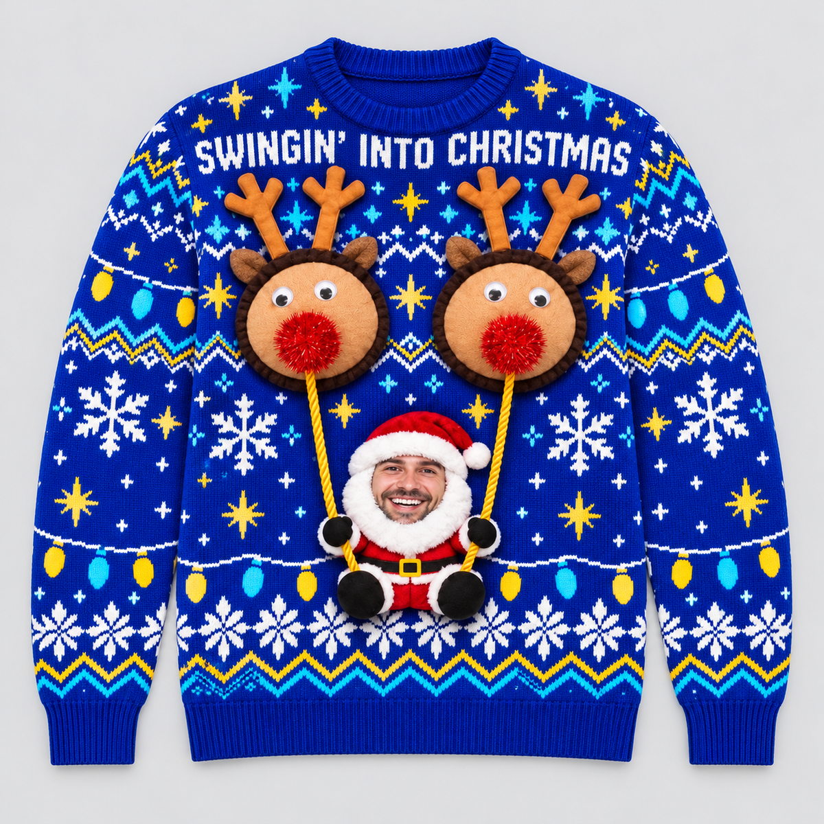 Ugly Christmas Sweater Swingin Reindeer Santa Long Sleeve Knit Top