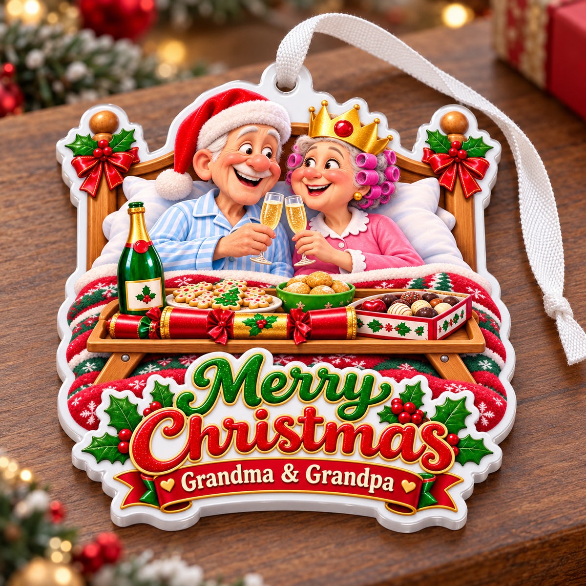 Grandma And Grandpa Breakfast In Bed Merry Christmas Holiday Keepsake - 3D Relief Ornament