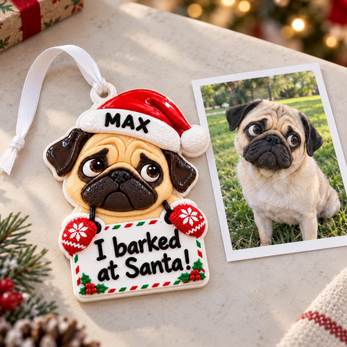 Christmas Pug Dog with Santa Hat and Confession Sign Hanging Holiday Keepsake - 3D Relief Ornament