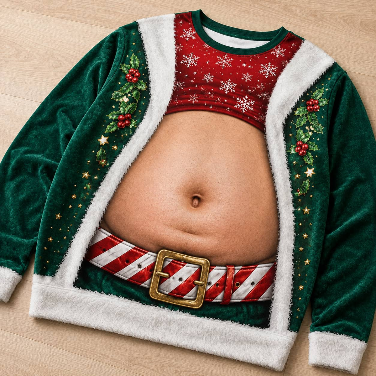 Christmas Sweatshirt Funny Fake Belly Exposed Stomach Graphic Top