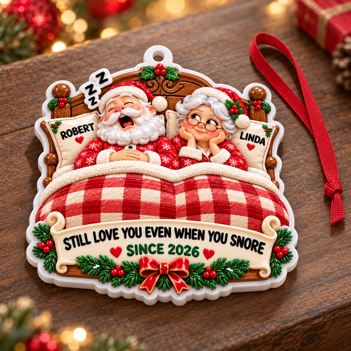 Sleeping Couple in Bed with Plaid Quilt Holiday Keepsake - 3D Relief Ornament