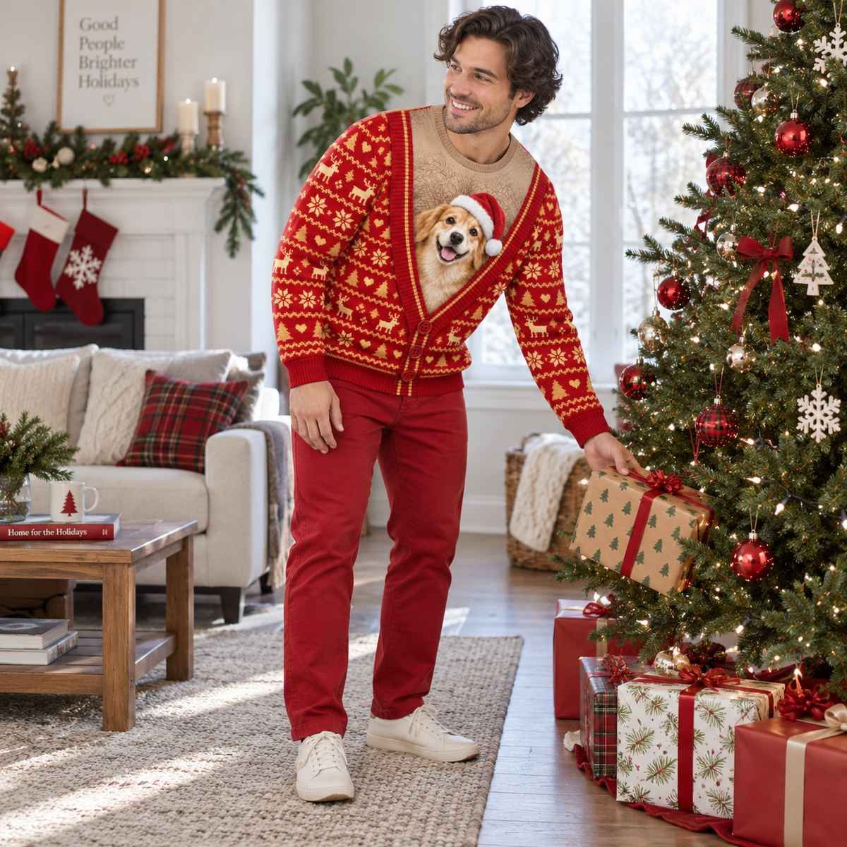 Dog Christmas Sweatshirt Funny Faux Cardigan Holiday Graphic Pullover