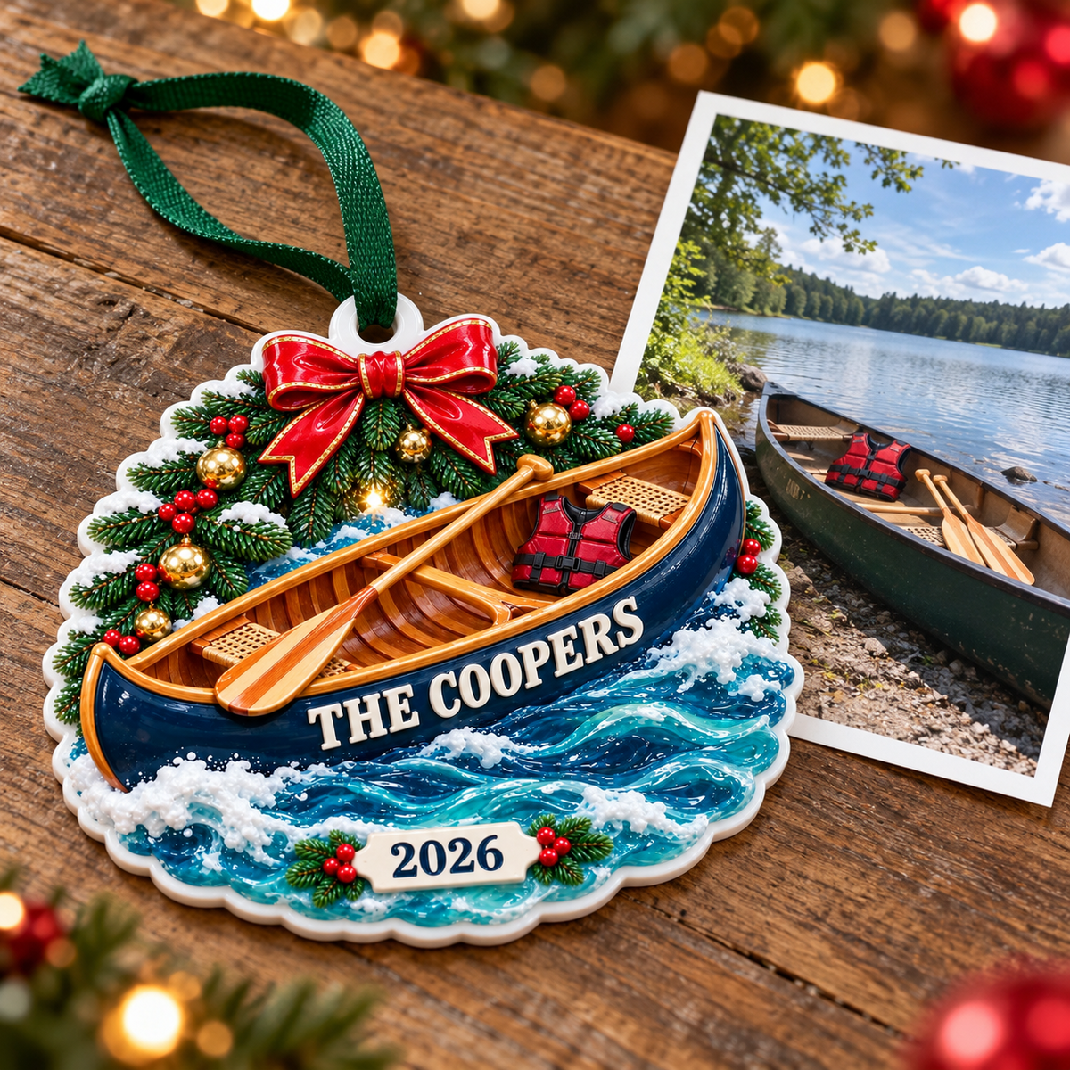Canoe Boat on Ocean Waves with Pine and Bow Holiday Keepsake - 3D Relief Ornament