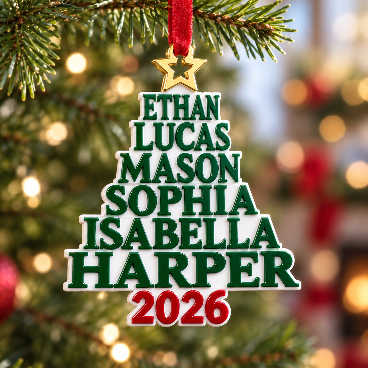 Green Stacked Name Christmas Tree Holiday Decor with Star Topper - 3D Relief Ornament