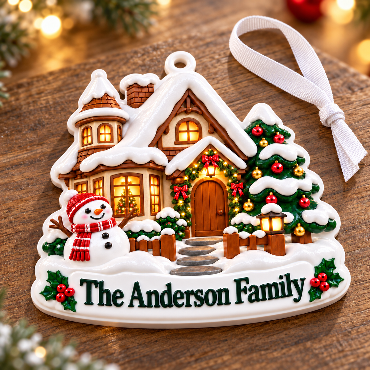 Snowy Winter House with Snowman and Christmas Tree - 3D Relief Ornament