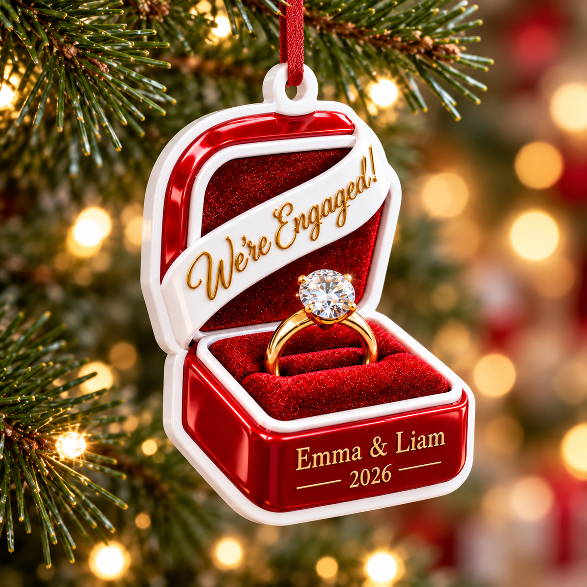 We're Engaged Red Velvet Ring Box Christmas Tree Keepsake - 3D Relief Ornament