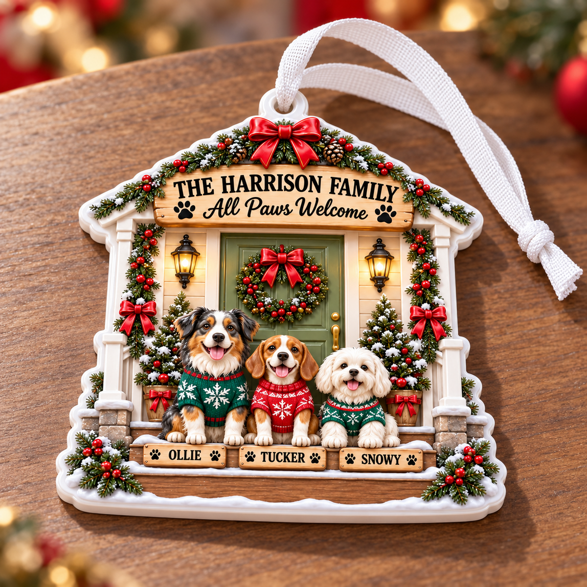 Christmas Front Porch Dogs Holiday Tree Hanging Plaque - 3D Relief Ornament
