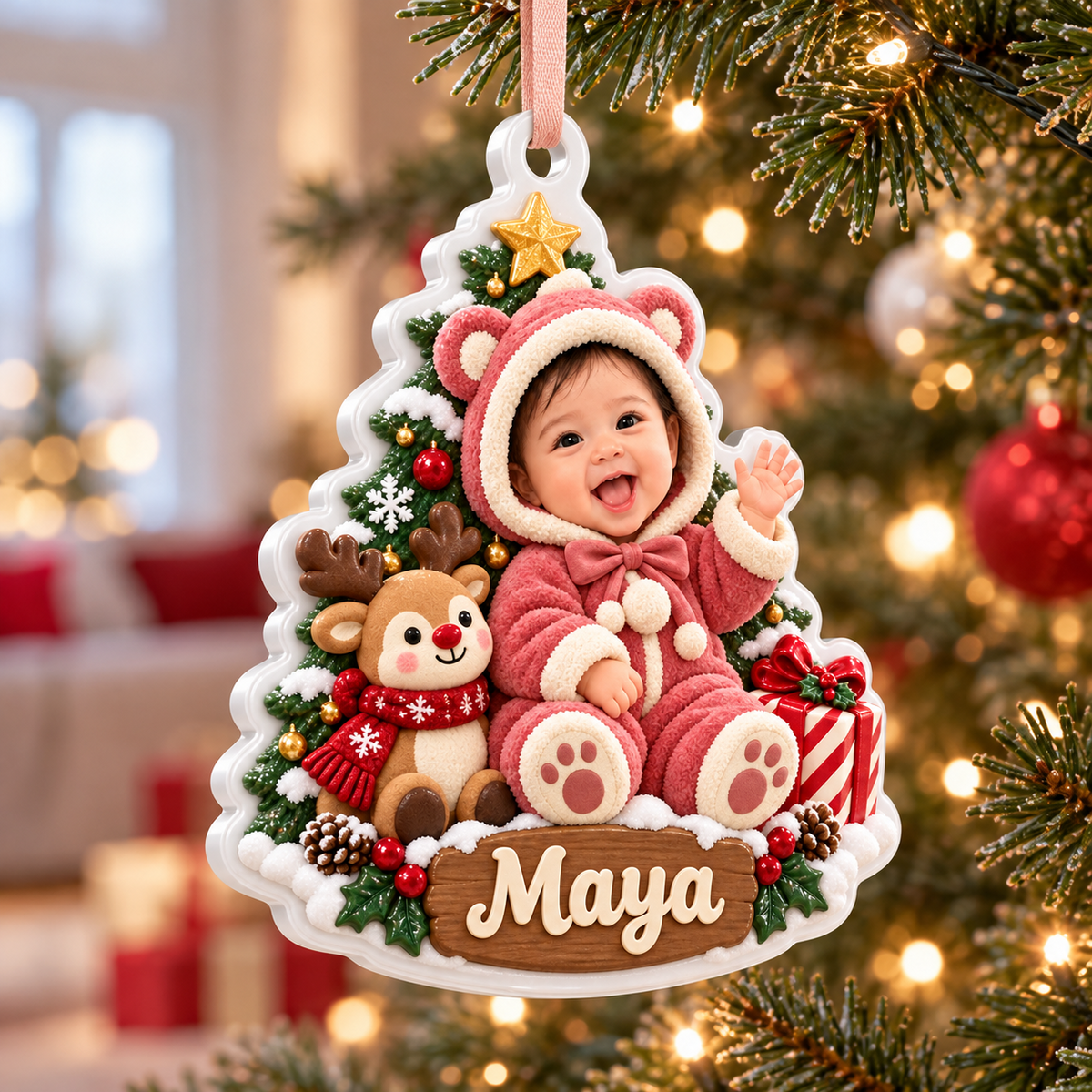 Baby Girl First Christmas Tree Plaque with Reindeer and Teddy Bear Suit - 3D Relief Ornament