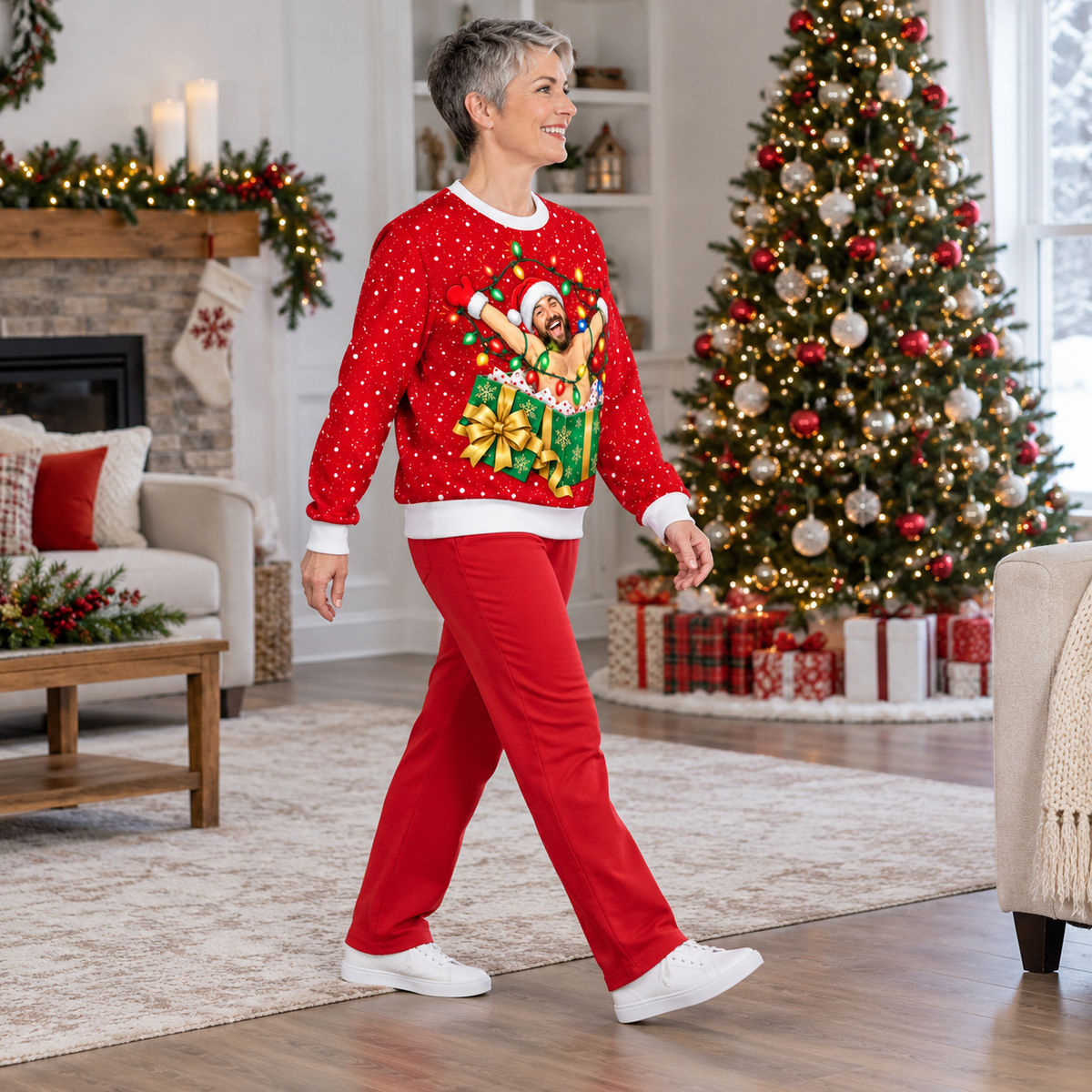 Christmas Sweatshirt Man in Wrapped Present Box Holiday Crewneck