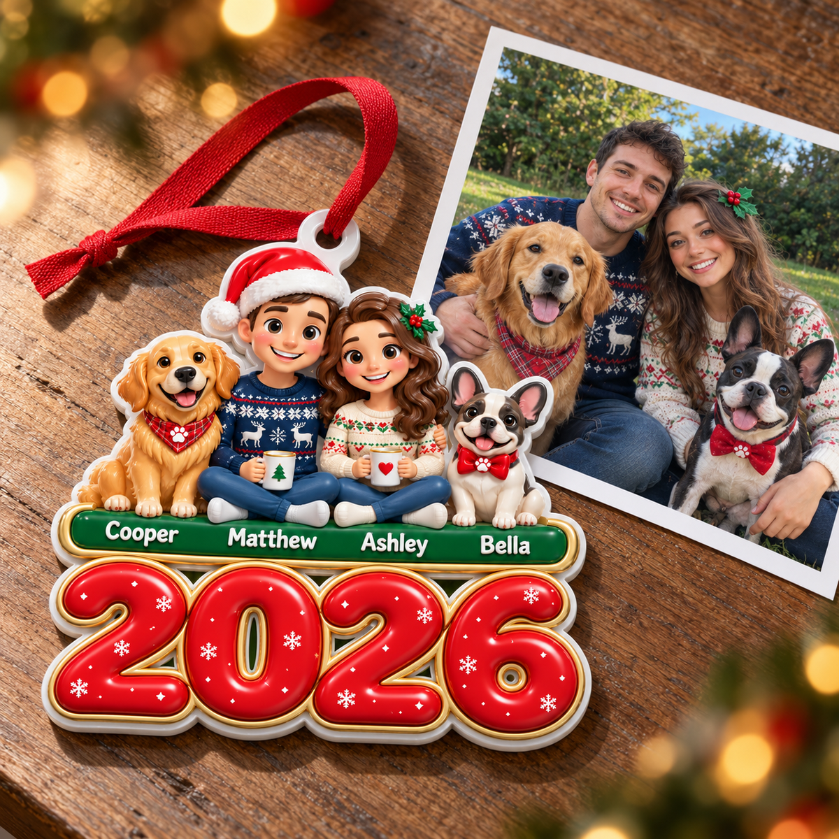 Family Couple and Dogs 2026 Christmas Holiday Tree Hanging Plaque - 3D Relief Ornament