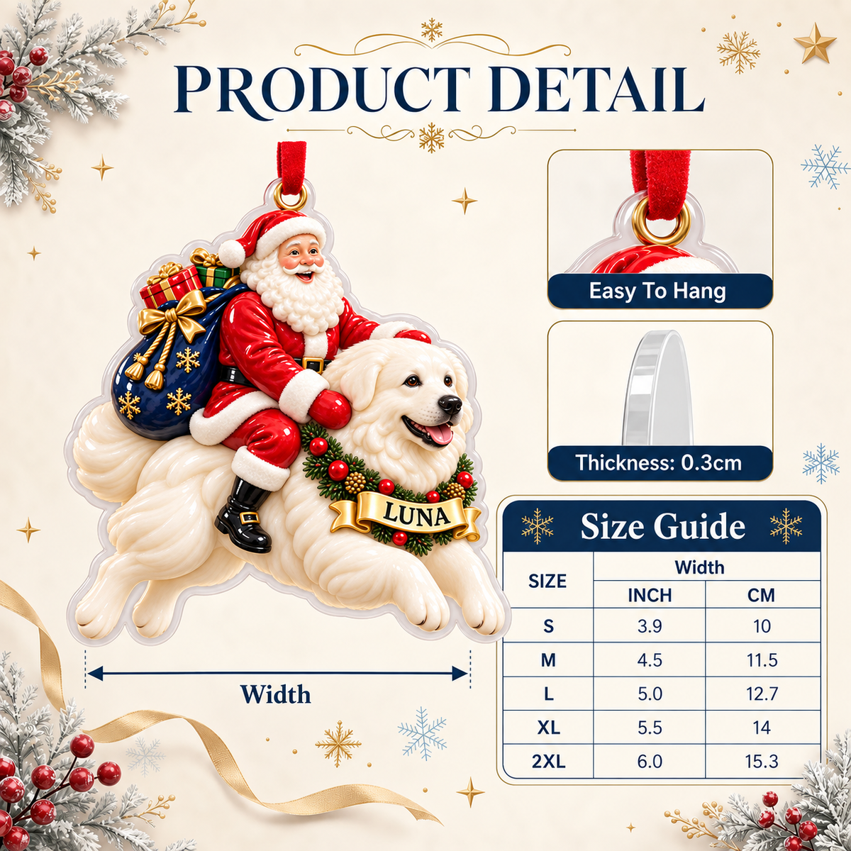 Great Pyrenees Santa Claus Christmas Tree Hanging Decoration - 3D Relief Ornament