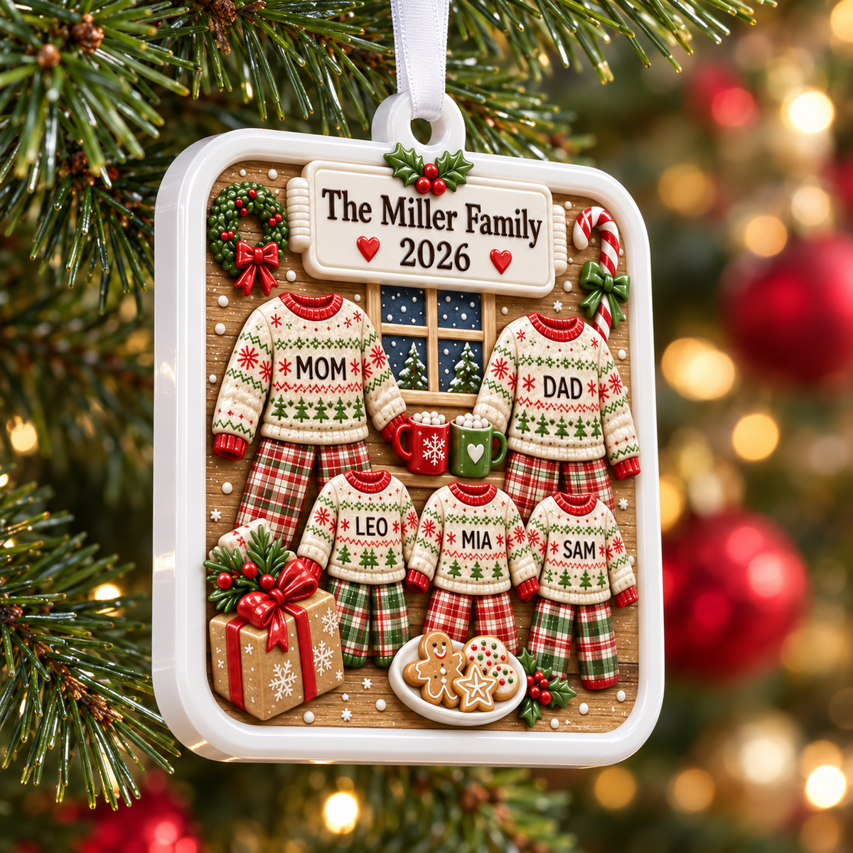 Family Christmas Pajamas Plaque with Sweaters and Cookies Holiday Keepsake - 3D Relief Ornament