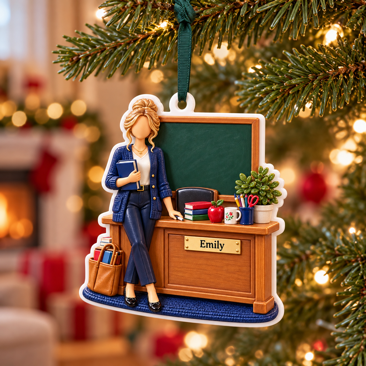 Female Teacher at Classroom Desk with Blackboard and Books Holiday Decor - 3D Relief Ornament
