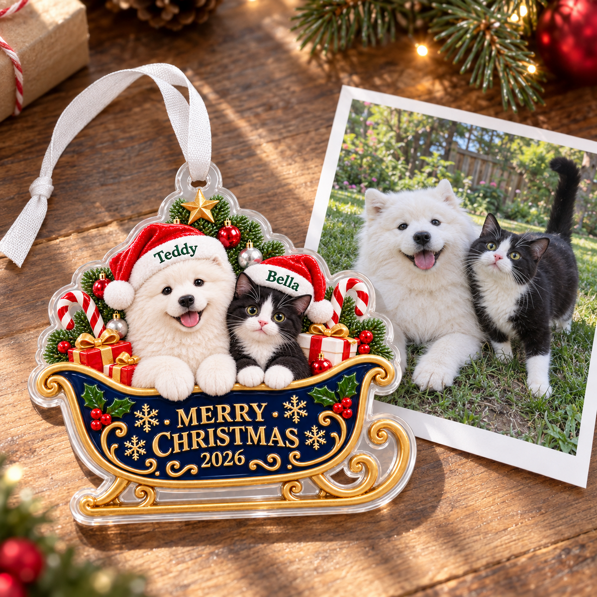Dog and Cat in Santa Sleigh Acrylic Christmas Holiday Hanging Decoration - 3D Relief Ornament
