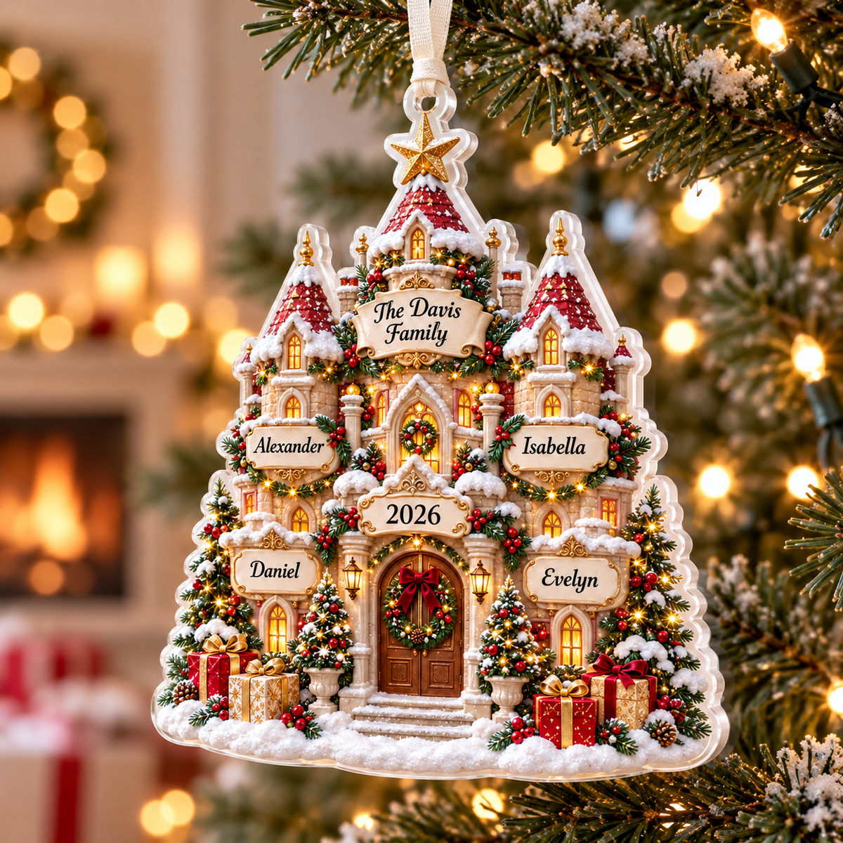 Snowy Christmas Castle Acrylic Hanging Keepsake - 3D Relief Ornament