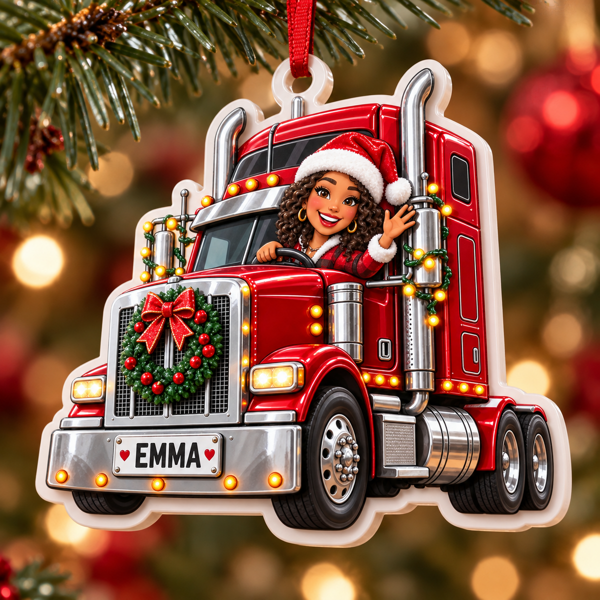 Red Semi Truck Female Driver Holiday Acrylic Tree Hanging - 3D Relief Ornament