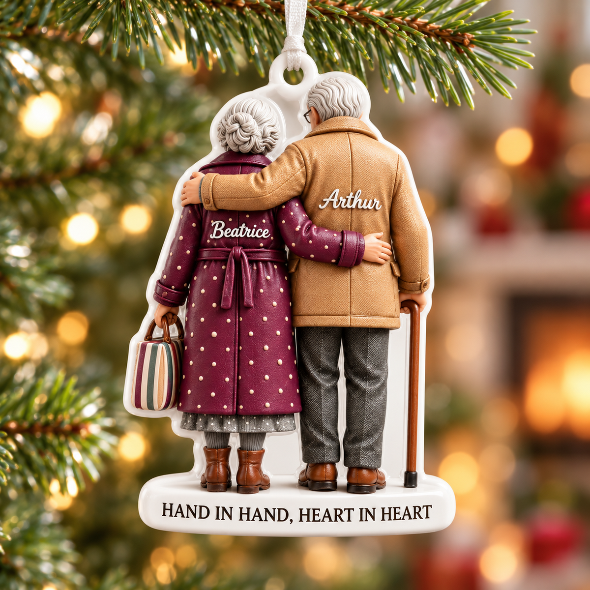 Grandparents Holiday Tree Keepsake, Elderly Couple Embracing Design - 3D Relief Ornament