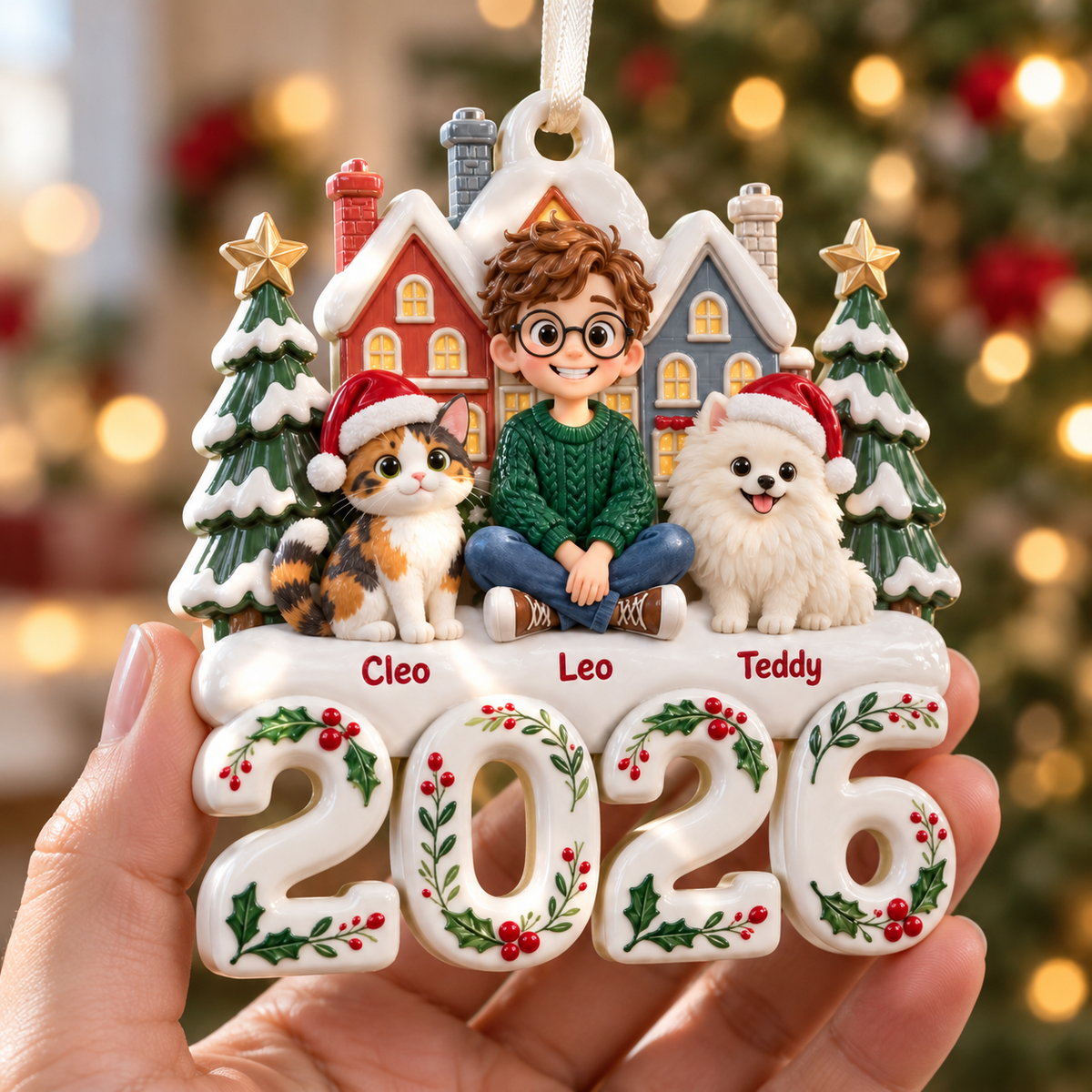 Dated 2026 Christmas Village Snowy Townhouse and Pine Tree Holiday Decor - 3D Relief Ornament